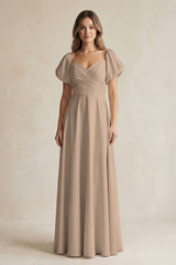 Almond Sweetheart Puff Sleeve A-Line Chiffon Bridesmaid Dress | KISSBRIDAL