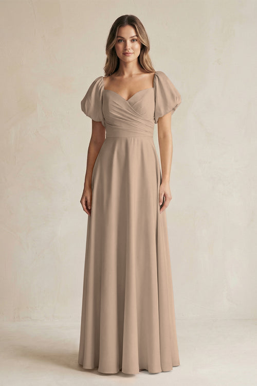 Almond Sweetheart Puff Sleeve A-Line Chiffon Bridesmaid Dress | KISSBRIDAL