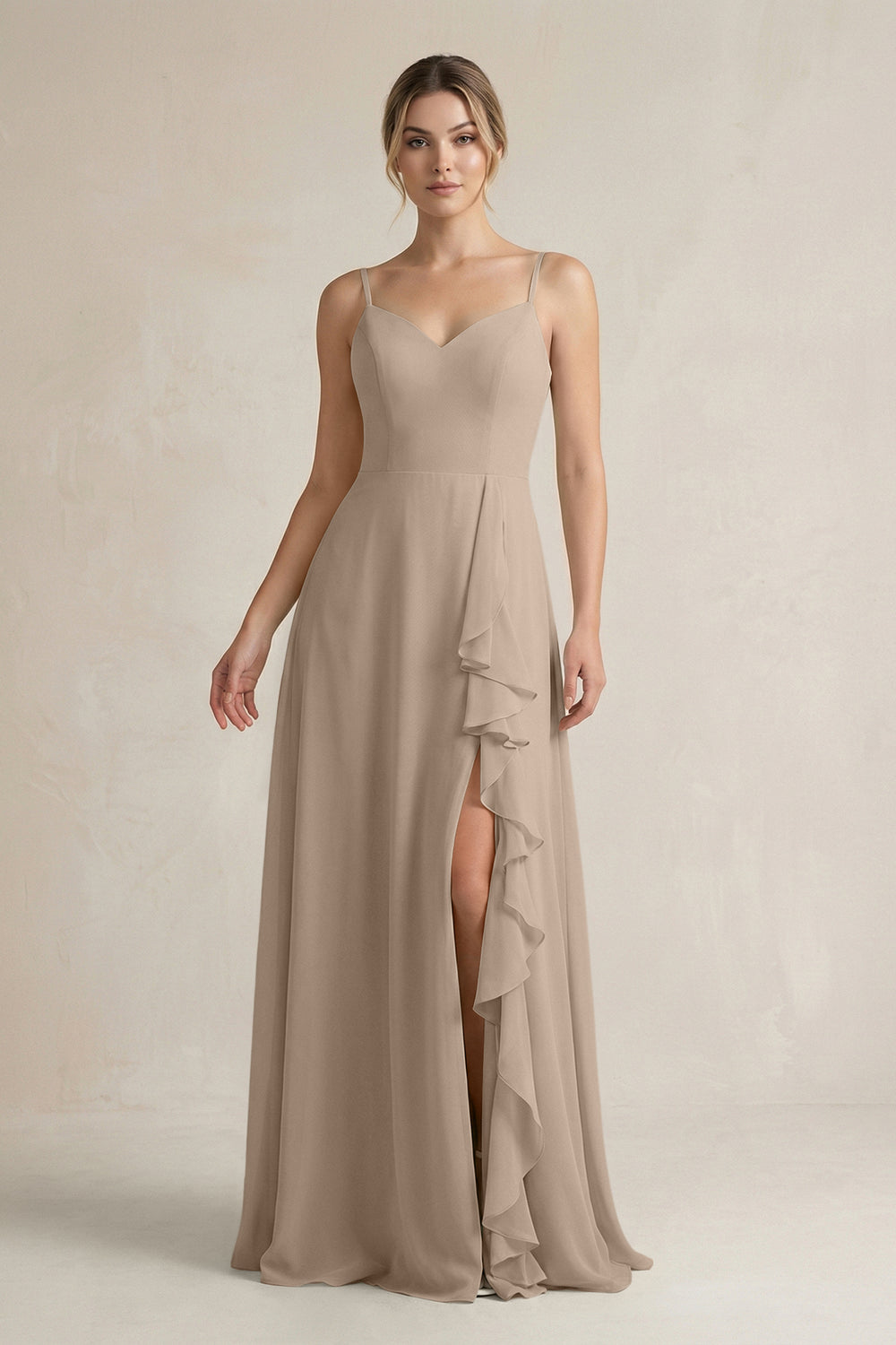 Sweetheart Ruffled A-Line Chiffon Bridesmaid Dress with Slit in Almond