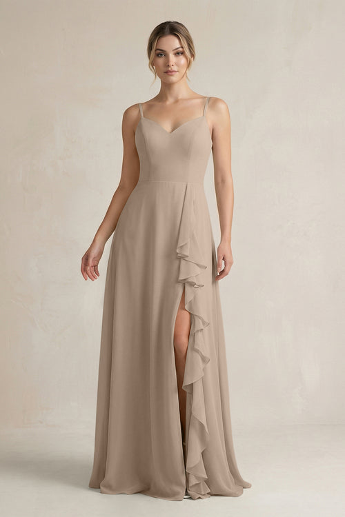 Almond Sweetheart Ruffled A-Line Chiffon Bridesmaid Dress with Slit | KISSBRIDAL