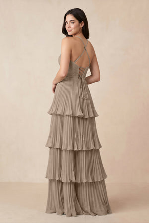 Almond Tiered Pleated V-Neck A-Line Chiffon Bridesmaid Dress (2) | KISSBRIDAL