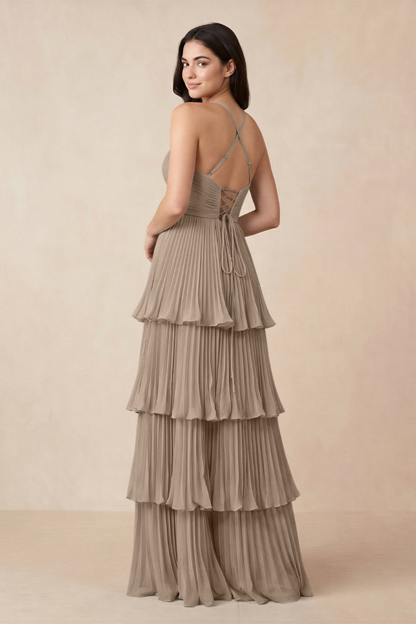 Almond Tiered Pleated V-Neck A-Line Chiffon Bridesmaid Dress (2) | KISSBRIDAL