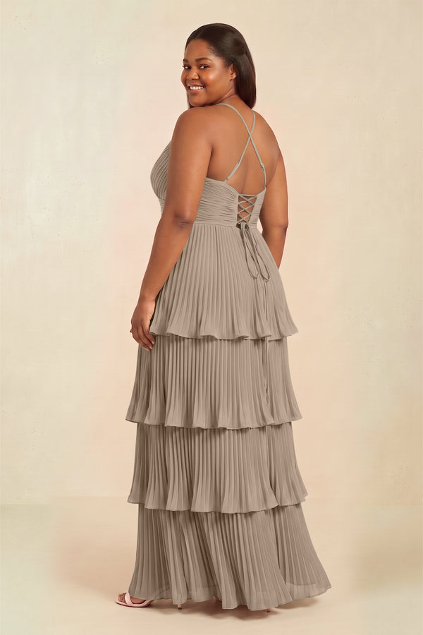 Almond Tiered Pleated V-Neck A-Line Chiffon Bridesmaid Dress (2) [sizeplus] | KISSBRIDAL