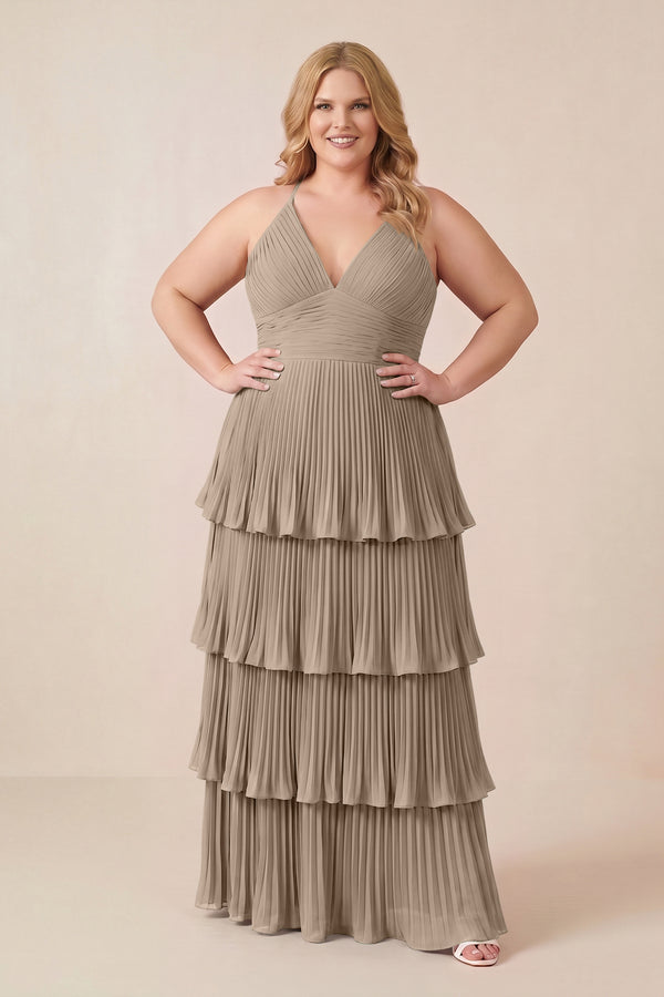 Almond Tiered Pleated V-Neck A-Line Chiffon Bridesmaid Dress (3) [sizeplus] | KISSBRIDAL