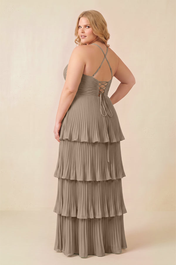 Almond Tiered Pleated V-Neck A-Line Chiffon Bridesmaid Dress (4) [sizeplus] | KISSBRIDAL