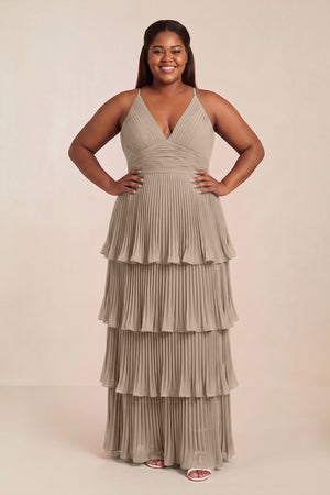Almond Tiered Pleated V-Neck A-Line Chiffon Bridesmaid Dress [sizeplus] | KISSBRIDAL