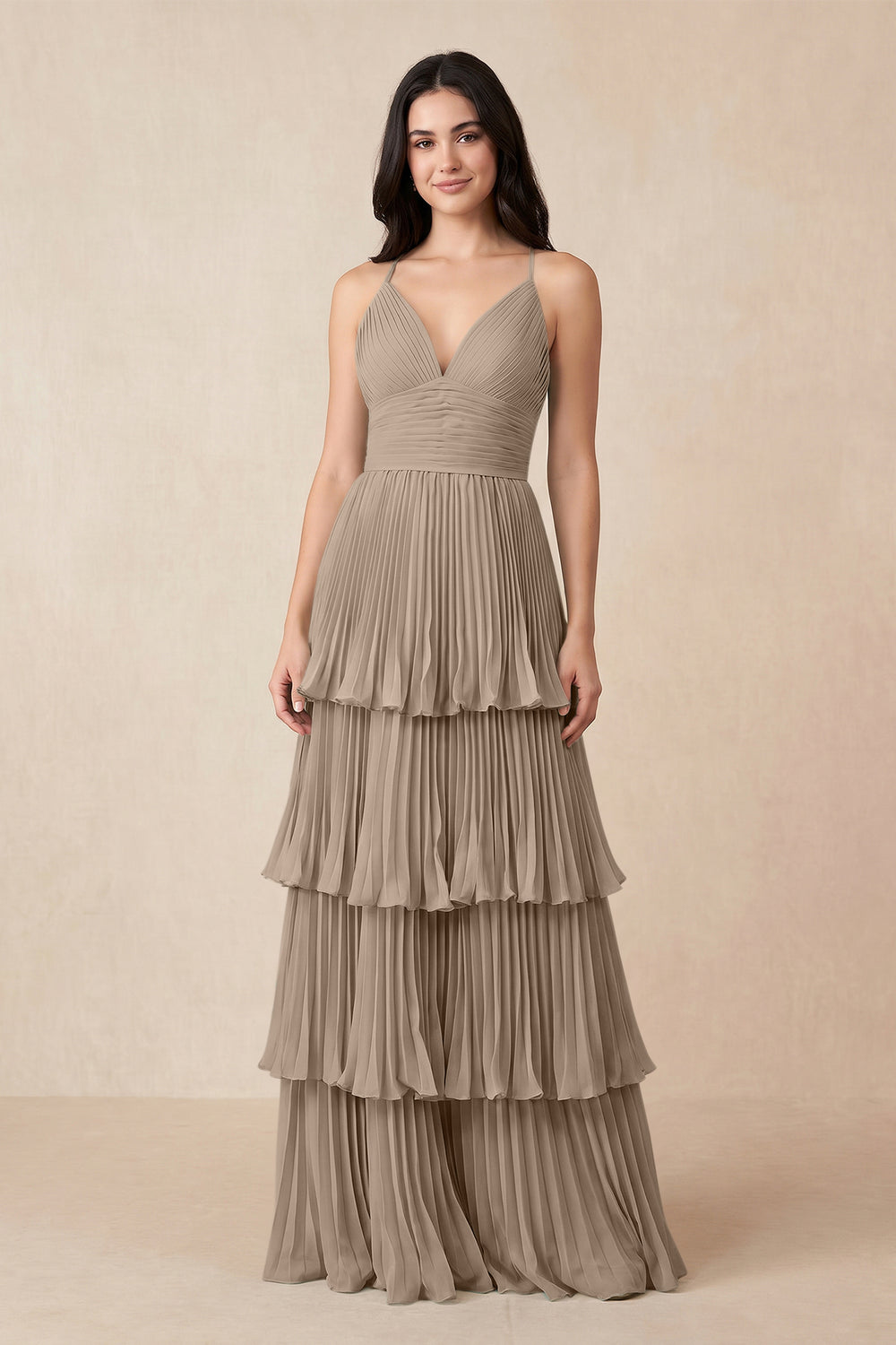 Tiered Pleated V-Neck A-Line Chiffon Bridesmaid Dress in Almond