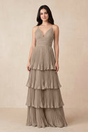 Almond Tiered Pleated V-Neck A-Line Chiffon Bridesmaid Dress | KISSBRIDAL