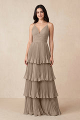 Almond Tiered Pleated V-Neck A-Line Chiffon Bridesmaid Dress | KISSBRIDAL