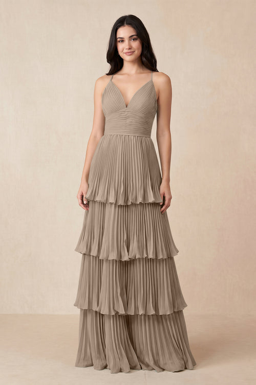 Almond Tiered Pleated V-Neck A-Line Chiffon Bridesmaid Dress | KISSBRIDAL