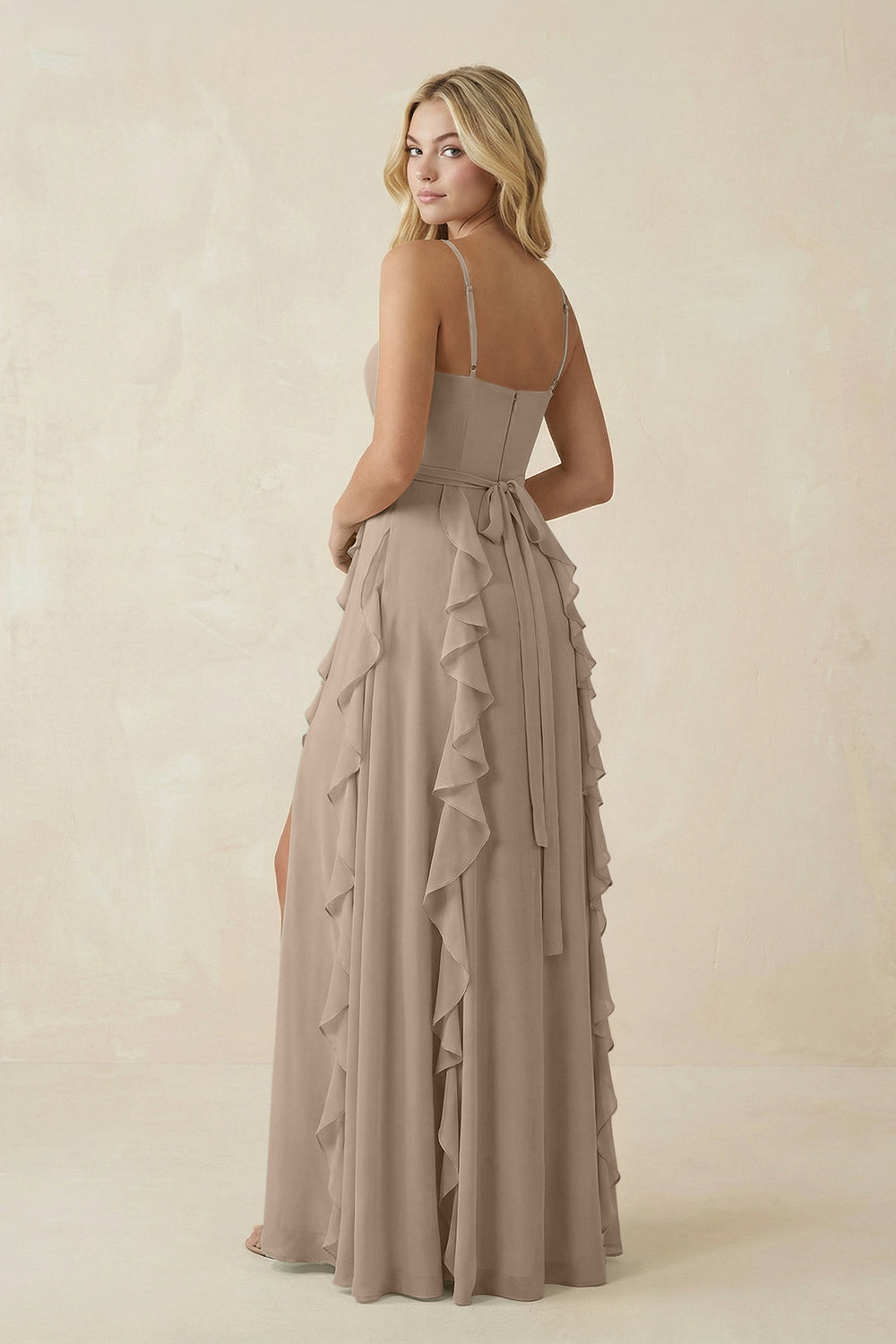 Tiered Ruffle A-Line Chiffon Bridesmaid Dress in Almond