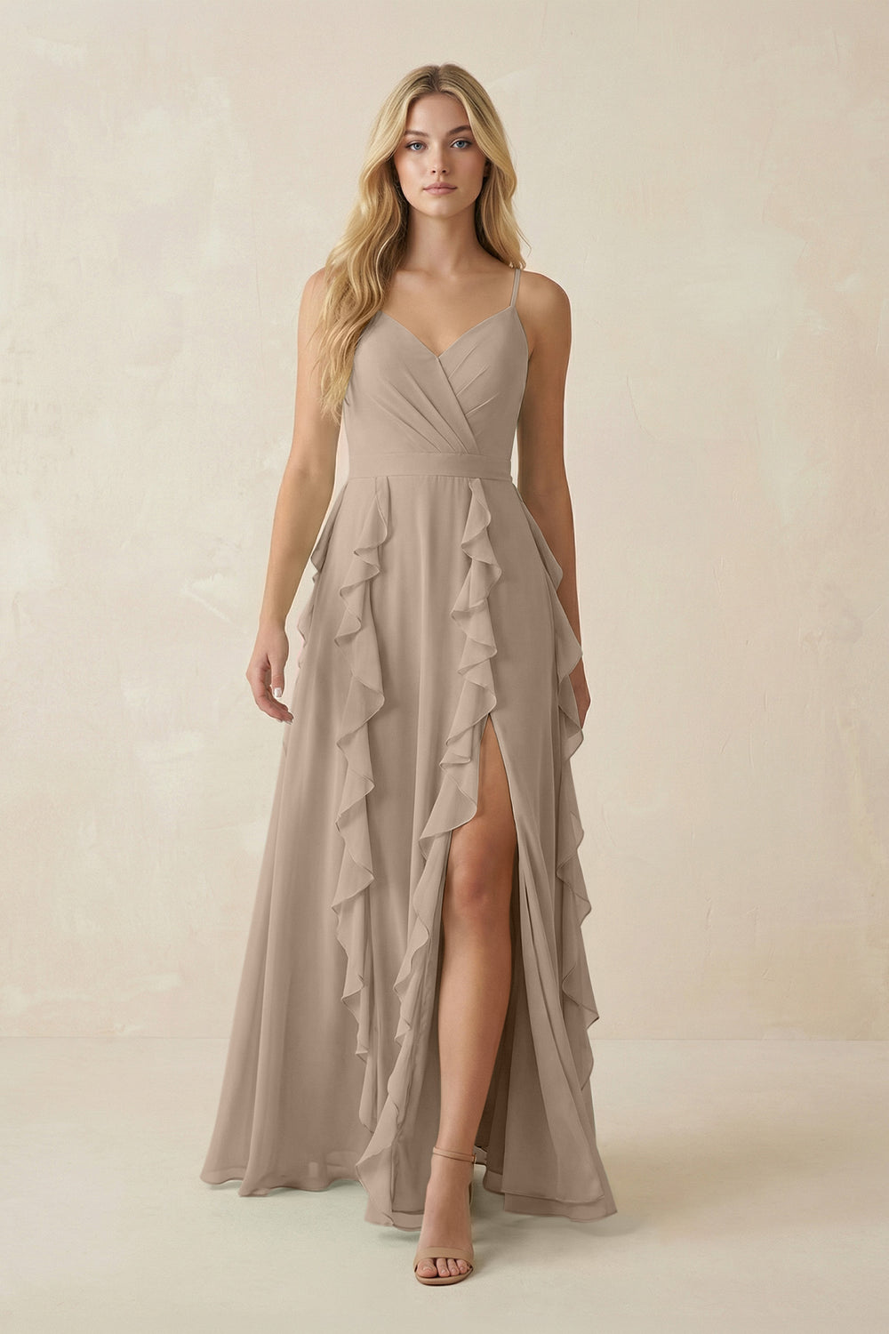 Tiered Ruffle A-Line Chiffon Bridesmaid Dress in Almond