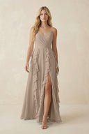 Almond Tiered Ruffle A-Line Chiffon Bridesmaid Dress | KISSBRIDAL