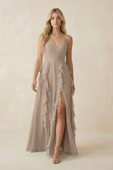 Almond Tiered Ruffle A-Line Chiffon Bridesmaid Dress | KISSBRIDAL