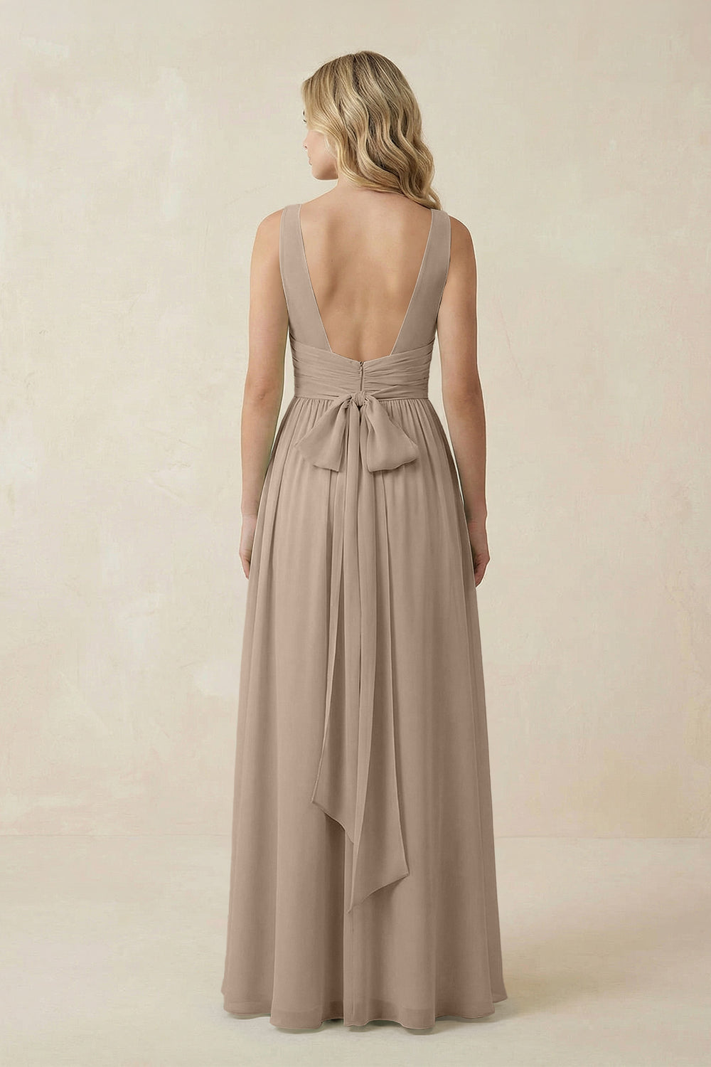 V-Neck A-Line Bridesmaid Dress with Back Bow in Almond