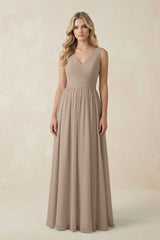 Almond V-Neck A-Line Bridesmaid Dress with Back Bow | KISSBRIDAL