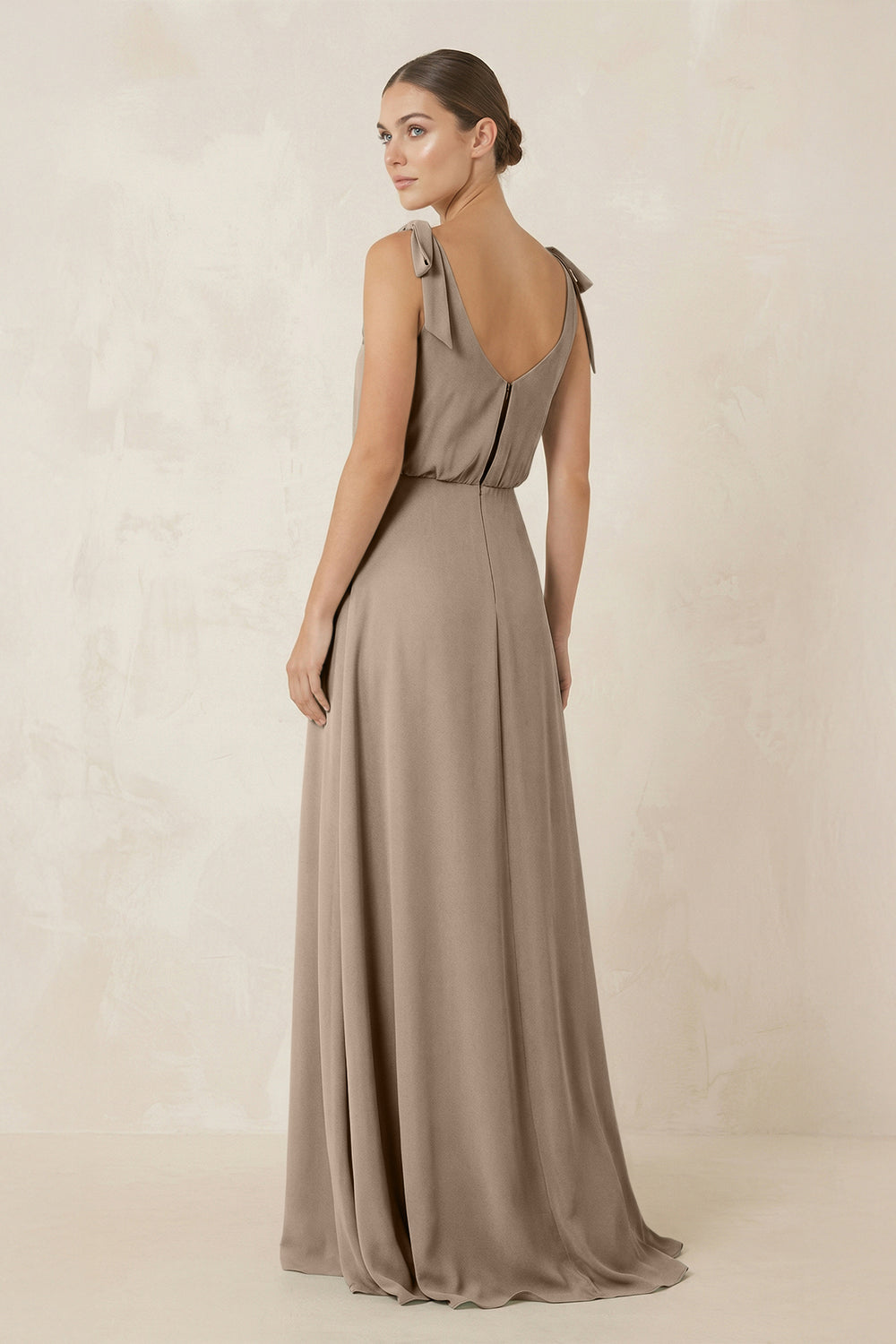 V-Neck A-Line Chiffon Bridesmaid Dress in Almond