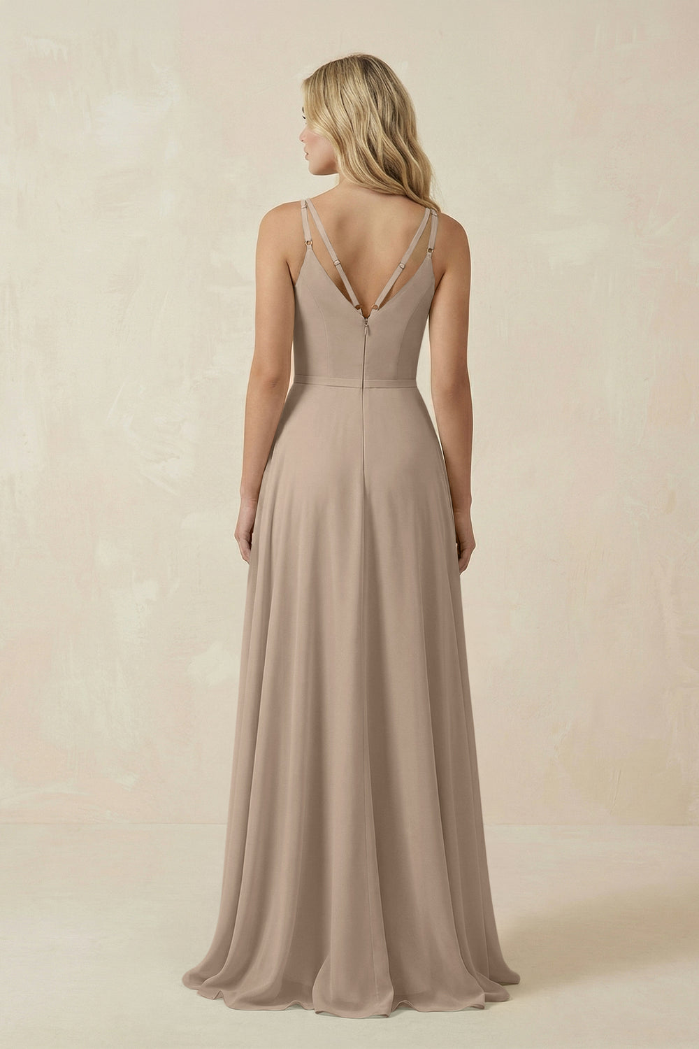 V-Neck A-Line Chiffon Bridesmaid Dress with Crisscross Back in Almond