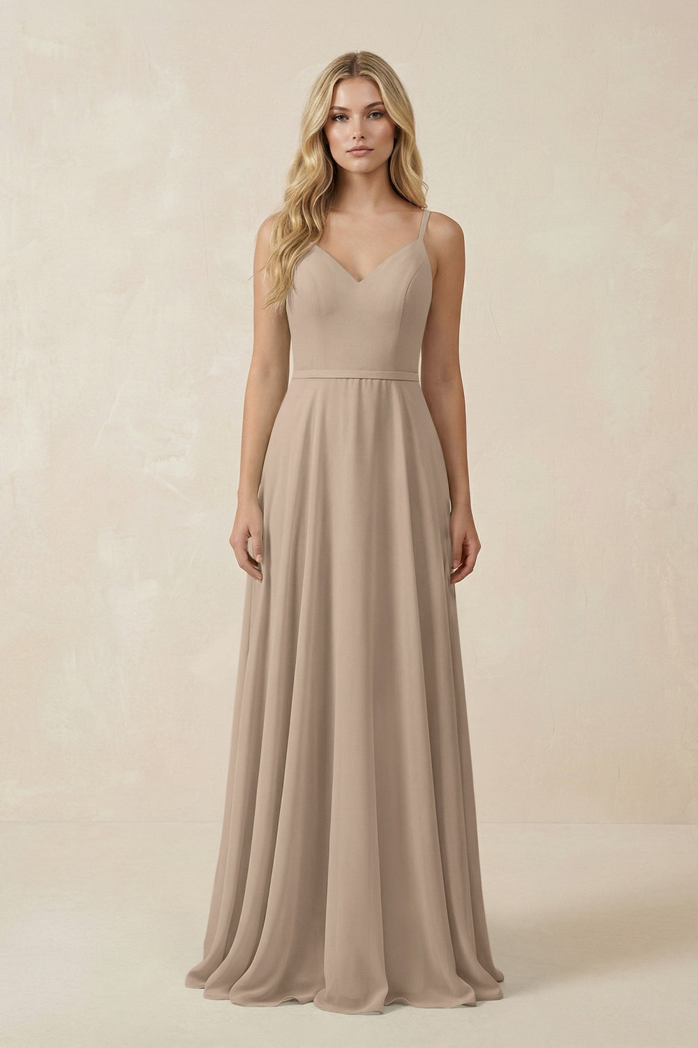V-Neck A-Line Chiffon Bridesmaid Dress with Crisscross Back in Almond