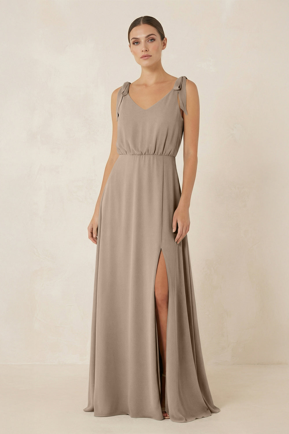 V-Neck A-Line Chiffon Bridesmaid Dress in Almond