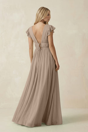 Almond V-Neck A-Line Chiffon Cap Sleeves Bridesmaid Dress (2) | KISSBRIDAL
