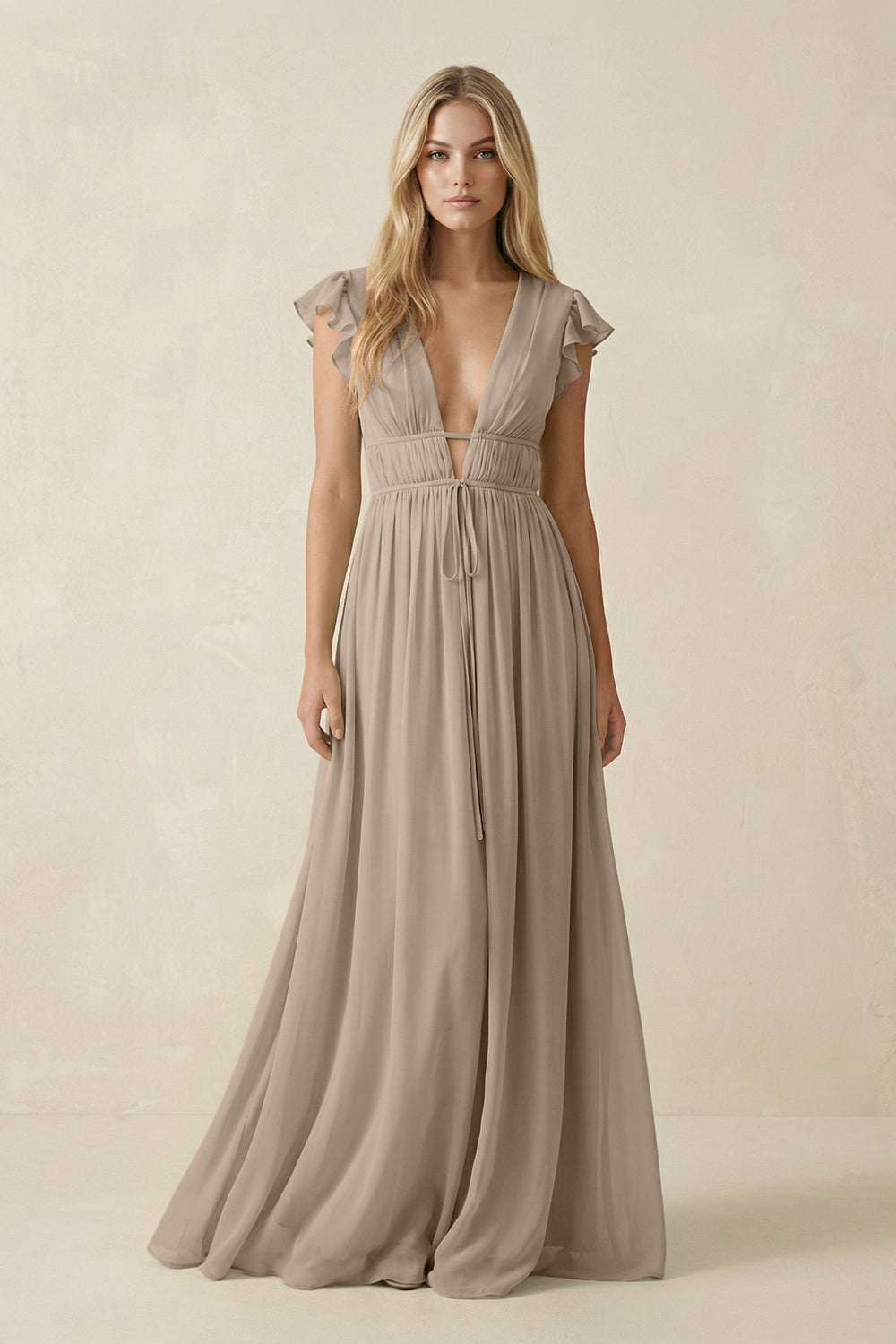 V-Neck A-Line Chiffon Cap Sleeves Bridesmaid Dress in Almond