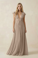 Almond V-Neck A-Line Chiffon Cap Sleeves Bridesmaid Dress | KISSBRIDAL