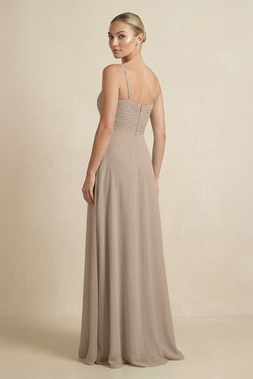 V-Neck A-Line Chiffon Pleated Bridesmaid Dress in Almond
