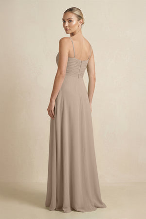 Almond V-Neck A-Line Chiffon Pleated Bridesmaid Dress (2) | KISSBRIDAL