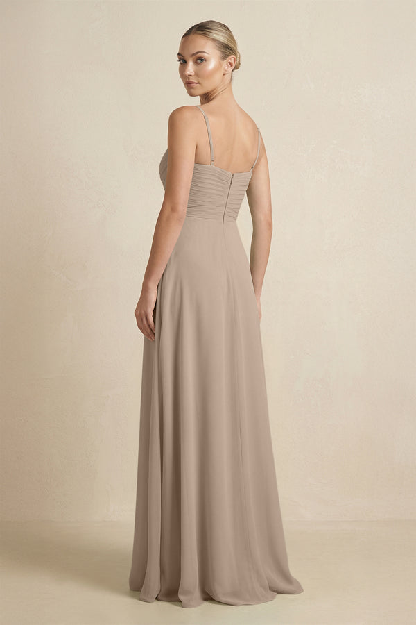 Almond V-Neck A-Line Chiffon Pleated Bridesmaid Dress (2) | KISSBRIDAL