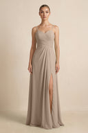Almond V-Neck A-Line Chiffon Pleated Bridesmaid Dress | KISSBRIDAL
