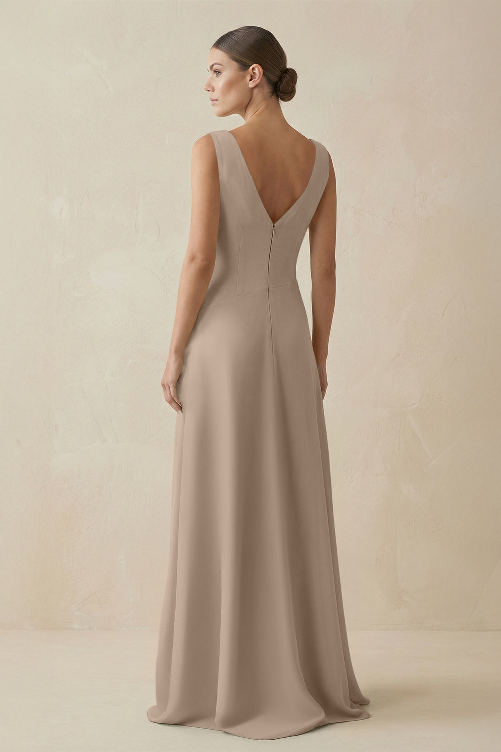 V-Neck A-Line Chiffon Ruffled Bridesmaid Dress in Almond