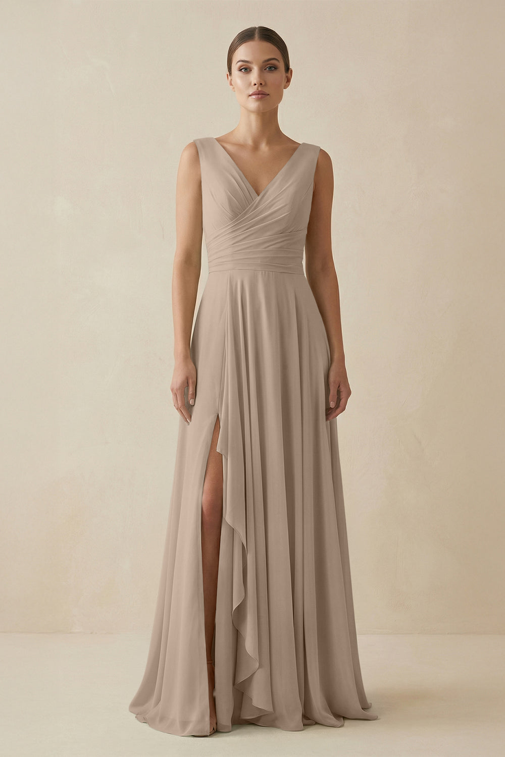 V-Neck A-Line Chiffon Ruffled Bridesmaid Dress in Almond