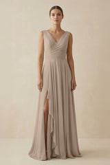 Almond V-Neck A-Line Chiffon Ruffled Bridesmaid Dress | KISSBRIDAL