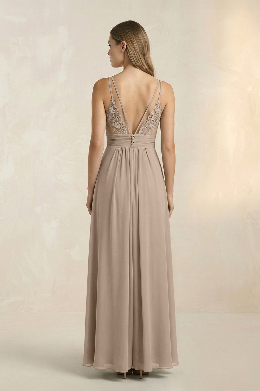 V-Neck A-Line Pleated Chiffon Bridesmaid Dress in Almond