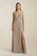 Almond V-Neck A-Line Pleated Chiffon Bridesmaid Dress | KISSBRIDAL