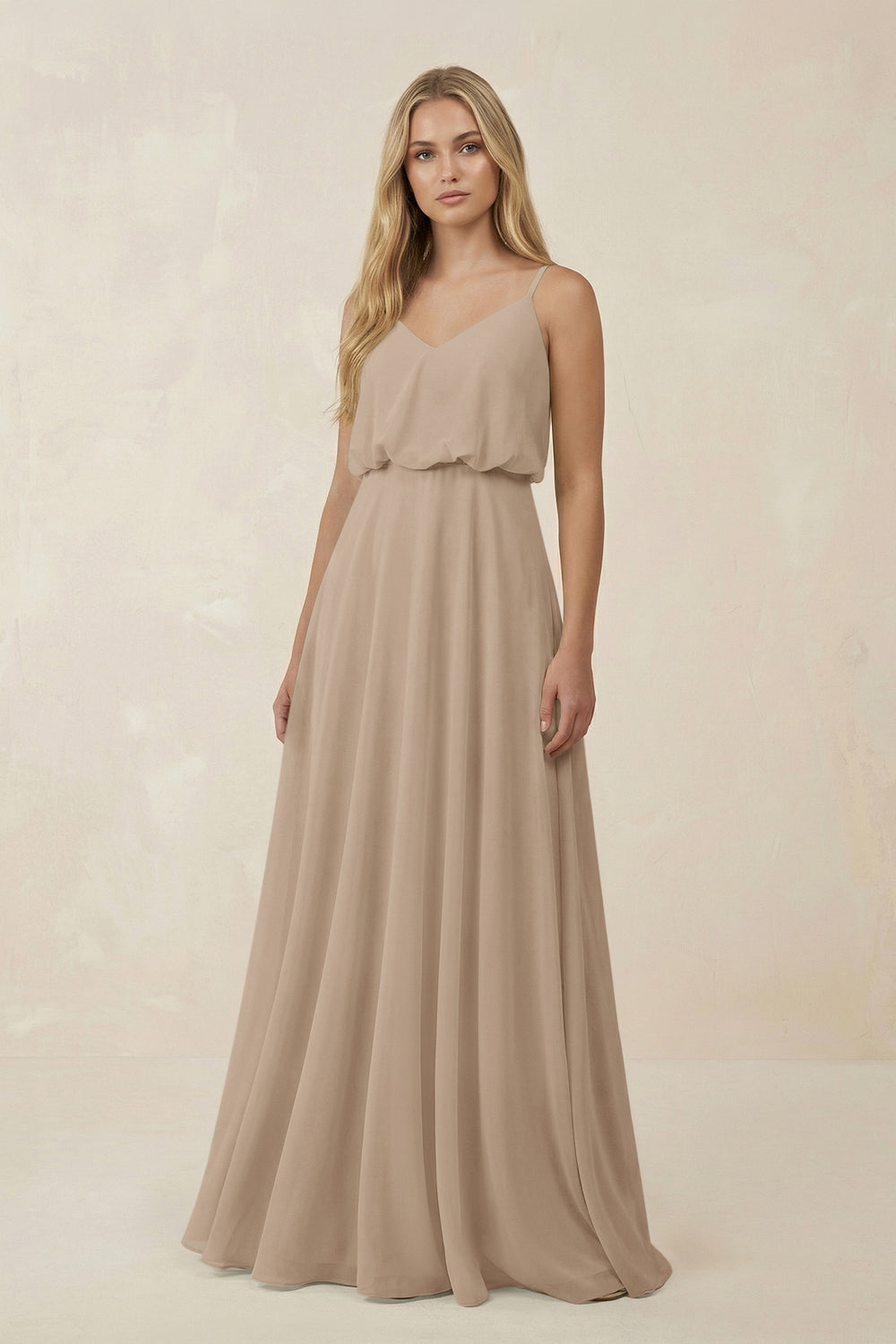 V-Neck Blouson A-Line Chiffon Bridesmaid Dress in Almond