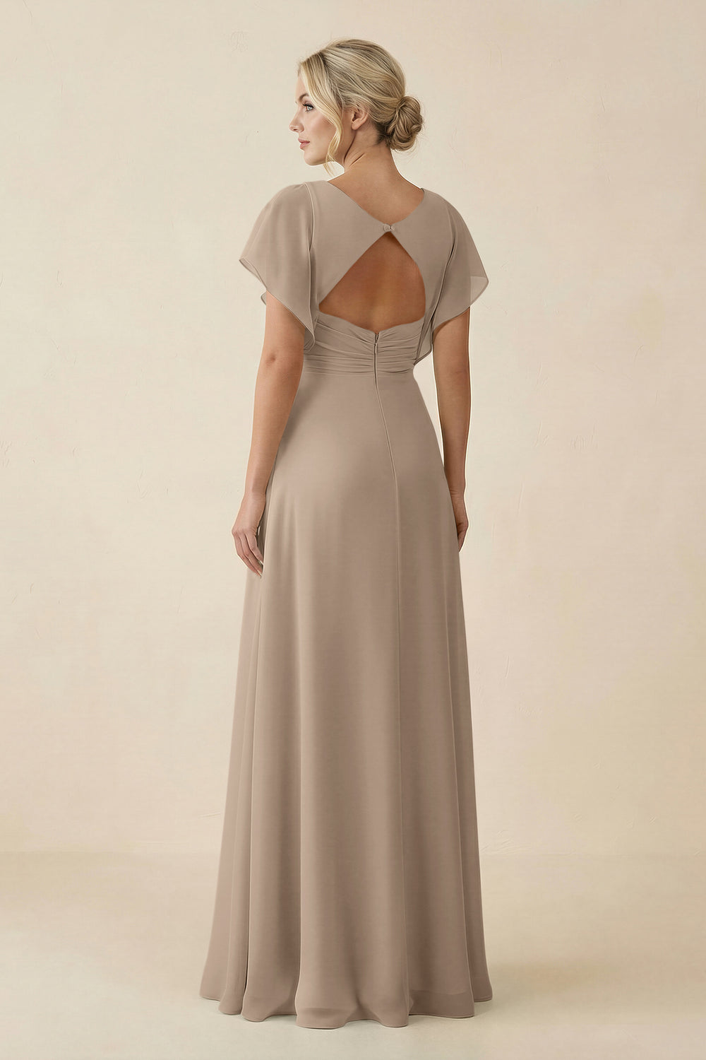 V-Neck Cap Sleeve Chiffon Bridesmaid Dress with Cut-out Back in Almond