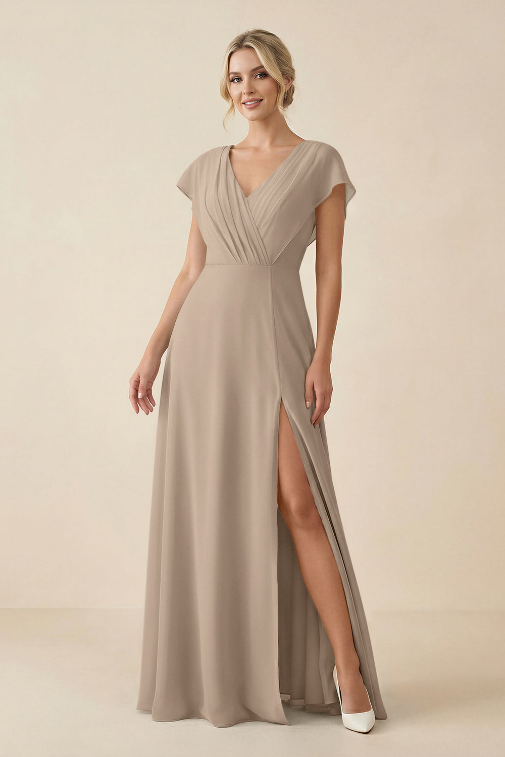 V-Neck Cap Sleeve Chiffon Bridesmaid Dress with Cut-out Back in Almond