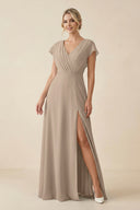 Almond V-Neck Cap Sleeve Chiffon Bridesmaid Dress with Cut-out Back | KISSBRIDAL