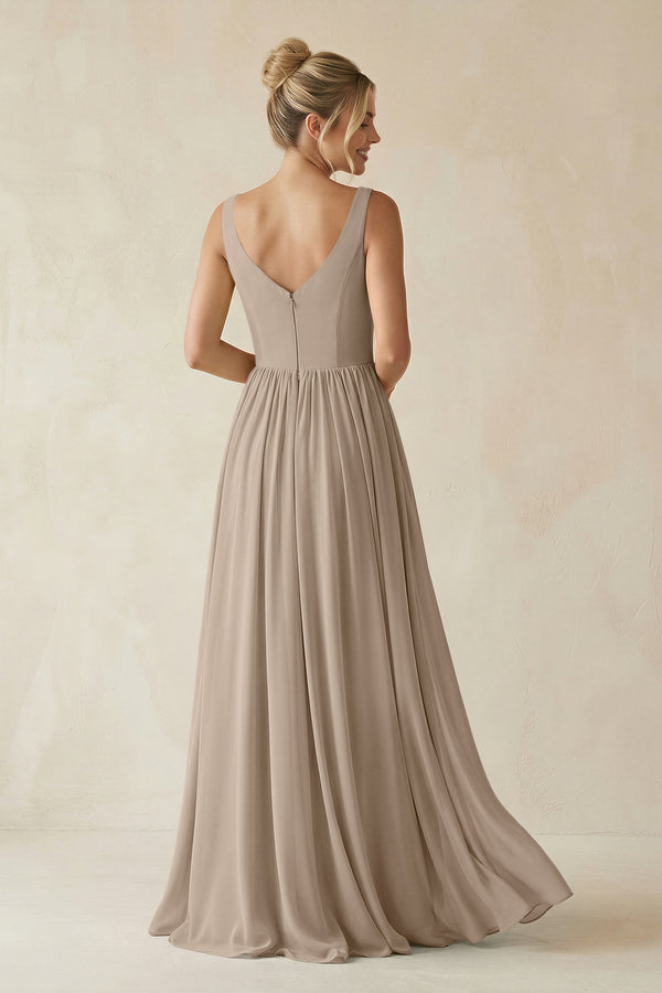 Almond V-Neck Chiffon A-Line Long Bridesmaid Dress (2) | KISSBRIDAL