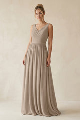 Almond V-Neck Chiffon A-Line Long Bridesmaid Dress | KISSBRIDAL