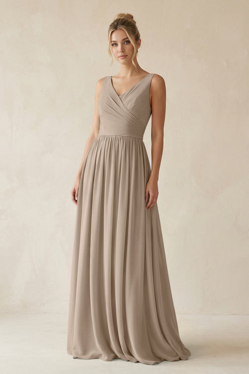 Almond V-Neck Chiffon A-Line Long Bridesmaid Dress | KISSBRIDAL