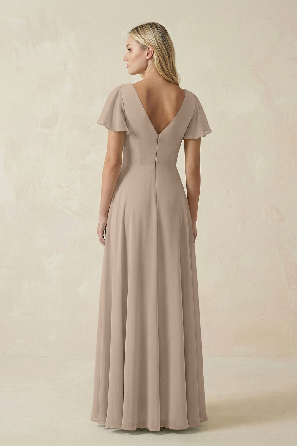 V-Neck Flutter Sleeve A-Line Chiffon Bridesmaid Dress in Almond