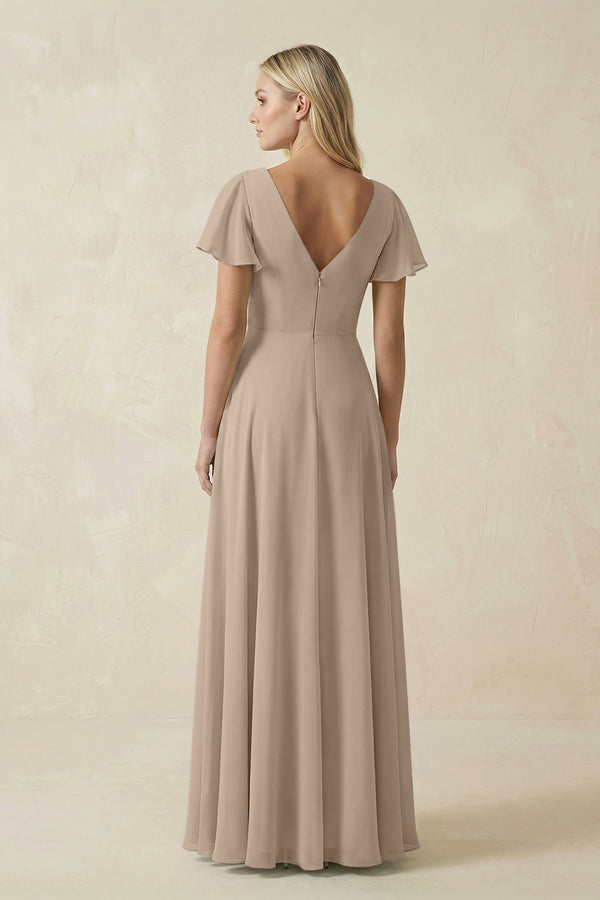 Almond V-Neck Flutter Sleeve A-Line Chiffon Bridesmaid Dress (2) | KISSBRIDAL