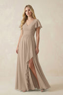 Almond V-Neck Flutter Sleeve A-Line Chiffon Bridesmaid Dress | KISSBRIDAL
