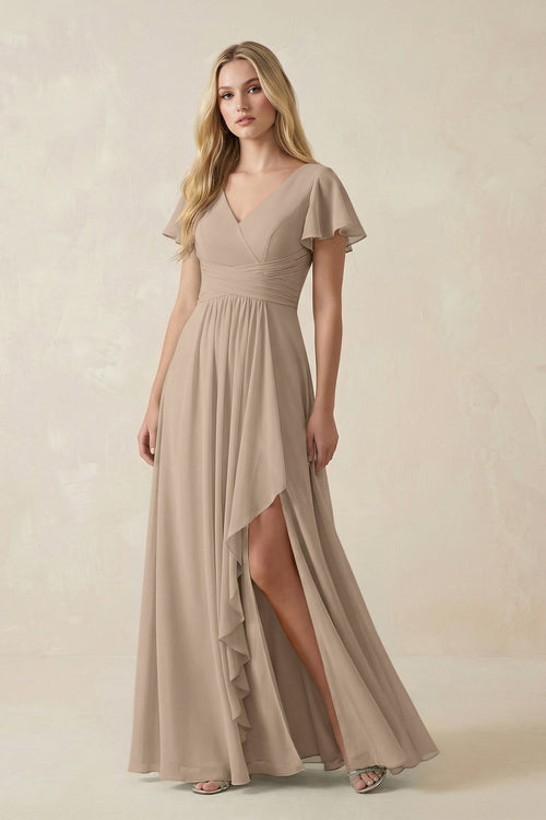 Almond V-Neck Flutter Sleeve A-Line Chiffon Bridesmaid Dress | KISSBRIDAL