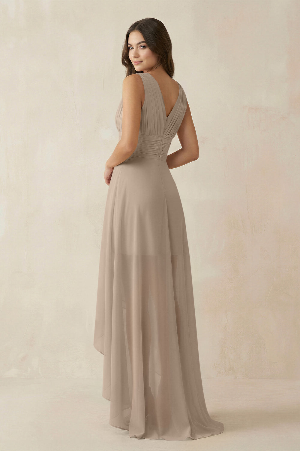 V-Neck High-Low Chiffon Bridesmaid Dress in Almond