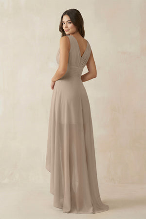 Almond V-Neck High-Low Chiffon Bridesmaid Dress (2) | KISSBRIDAL