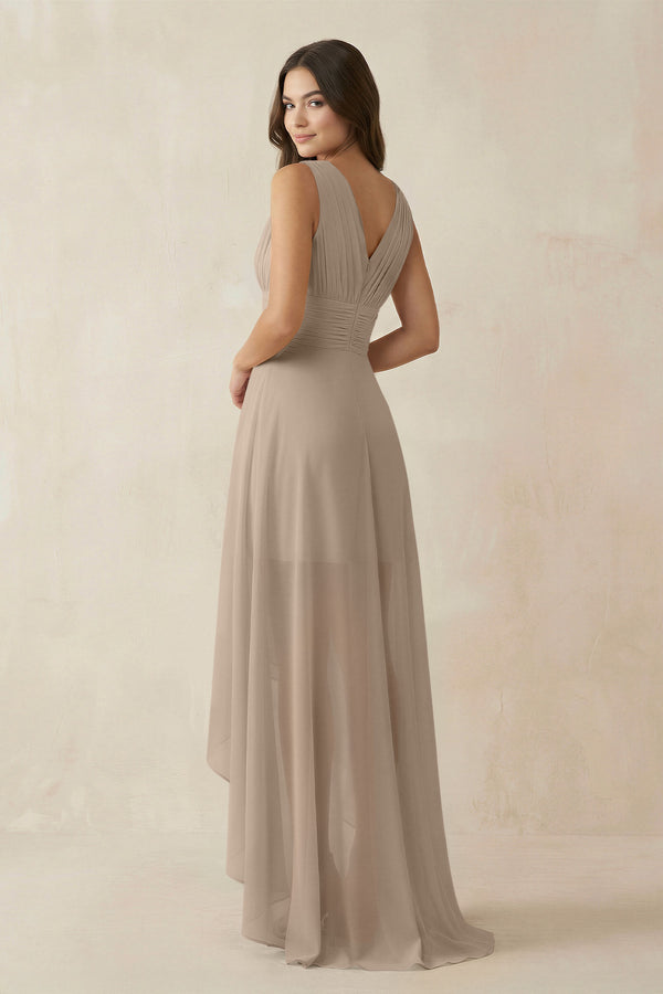 Almond V-Neck High-Low Chiffon Bridesmaid Dress (2) | KISSBRIDAL